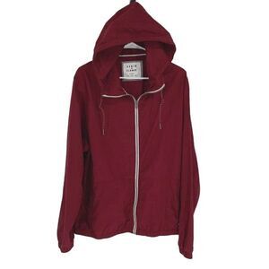 Denim & Flower  Mens Cotton Full Zip‎ Hooded Windbreaker Jacket Maroon Size XL